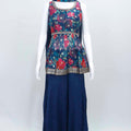 Navy Blue Floral Sleeveless Peplum Kurta Set with Palazzo and Dupatta for Women - Mangaldeep NX