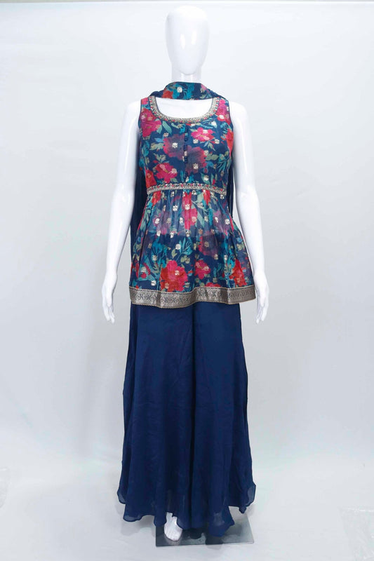 Navy Blue Floral Sleeveless Peplum Kurta Set with Palazzo and Dupatta for Women - Mangaldeep NX