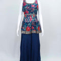 Navy Blue Floral Sleeveless Peplum Kurta Set with Palazzo and Dupatta for Women - Mangaldeep NX