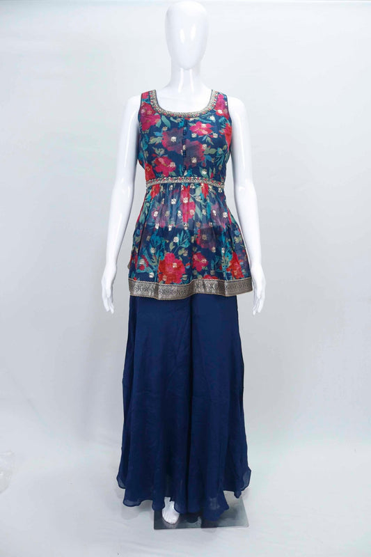Navy Blue Floral Sleeveless Peplum Kurta Set with Palazzo and Dupatta for Women - Mangaldeep NX