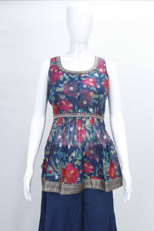 Navy Blue Floral Sleeveless Peplum Kurta Set with Palazzo and Dupatta for Women - Mangaldeep NX