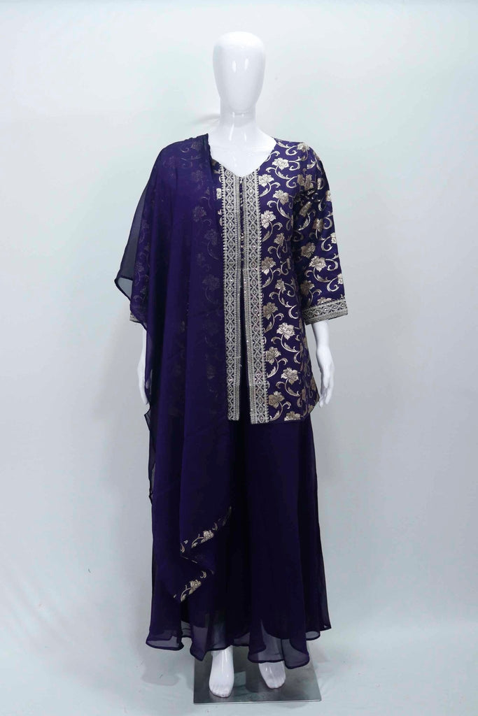 Navy Blue Foil Printed Kurta Palazzo Set with Zari Embroidery and Matching Dupatta - Mangaldeep NX