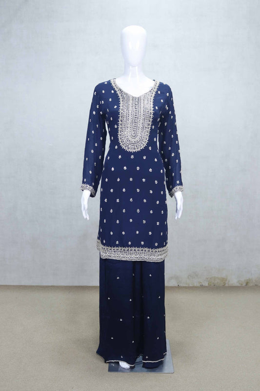 Navy Blue Georgette Sharara Suit with White Thread Embroidery and Dupatta - Mangaldeep NX