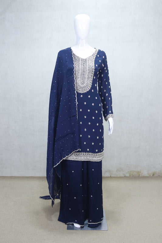 Navy Blue Georgette Sharara Suit with White Thread Embroidery and Dupatta - Mangaldeep NX