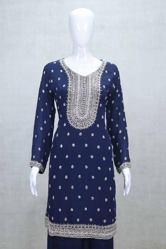 Navy Blue Georgette Sharara Suit with White Thread Embroidery and Dupatta - Mangaldeep NX
