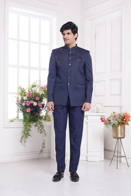 Navy Blue Indo - Western Suit with Textured Bandhgala Jacket and Straight Pants - Mangaldeep NX