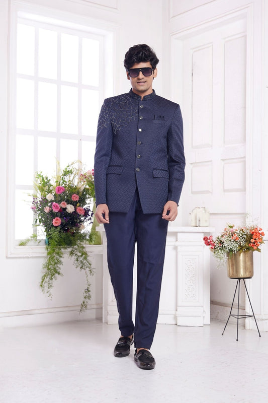 Navy Blue Indo - Western Suit with Textured Bandhgala Jacket and Straight Pants - Mangaldeep NX