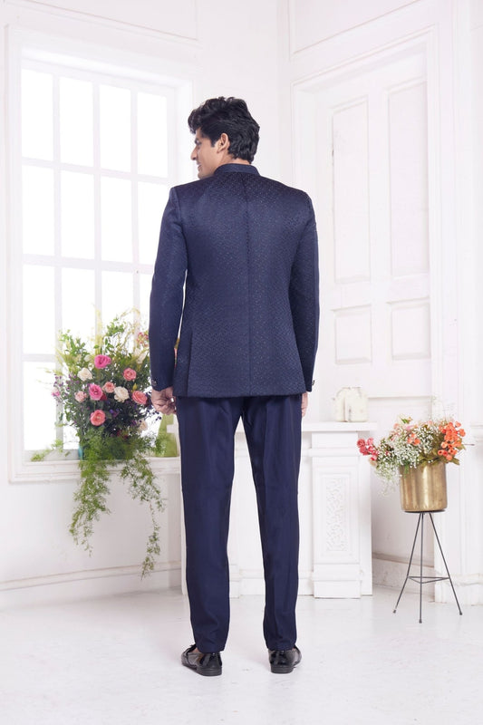 Navy Blue Indo - Western Suit with Textured Bandhgala Jacket and Straight Pants - Mangaldeep NX