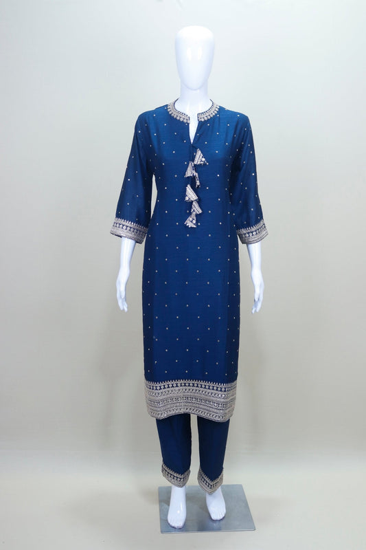 Navy Blue Mirror Work Kurta Set with Embroidered Dupatta - Mangaldeep NX
