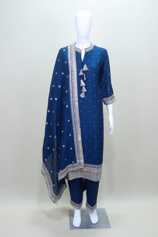 Navy Blue Mirror Work Kurta Set with Embroidered Dupatta - Mangaldeep NX