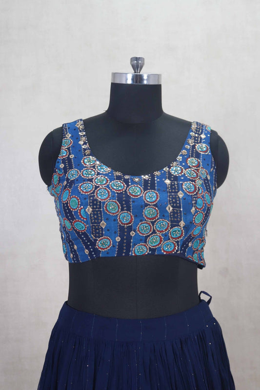 Navy Blue Mirror Work Lehenga Choli with Printed Jacket - Mangaldeep NX