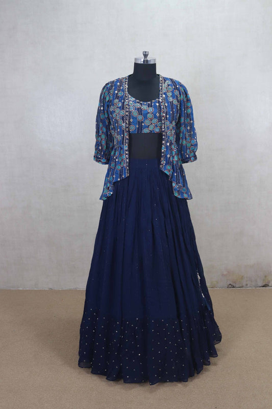 Navy Blue Mirror Work Lehenga Choli with Printed Jacket - Mangaldeep NX