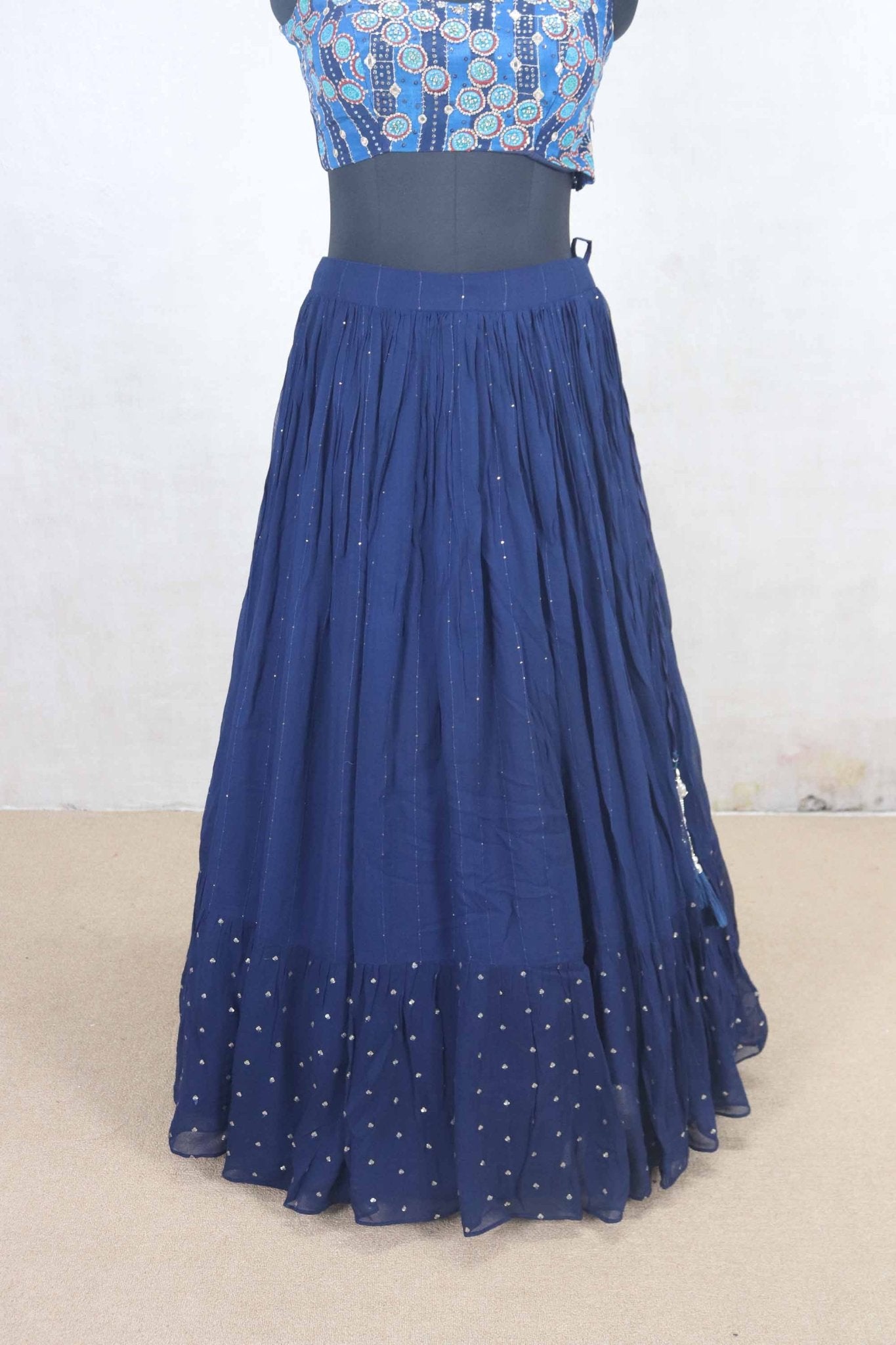 Navy Blue Mirror Work Lehenga Choli with Printed Jacket - Mangaldeep NX