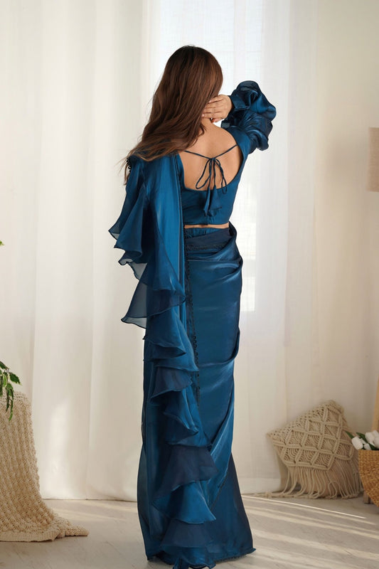 Navy Blue Organza Ruffle Readymade Plain Saree - Mangaldeep NX