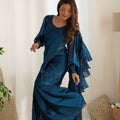 Navy Blue Organza Ruffle Readymade Plain Saree - Mangaldeep NX