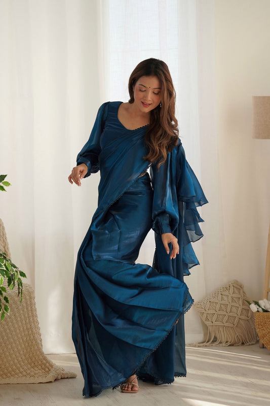 Navy Blue Organza Ruffle Readymade Plain Saree - Mangaldeep NX