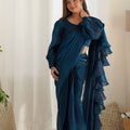Navy Blue Organza Ruffle Readymade Plain Saree - Mangaldeep NX