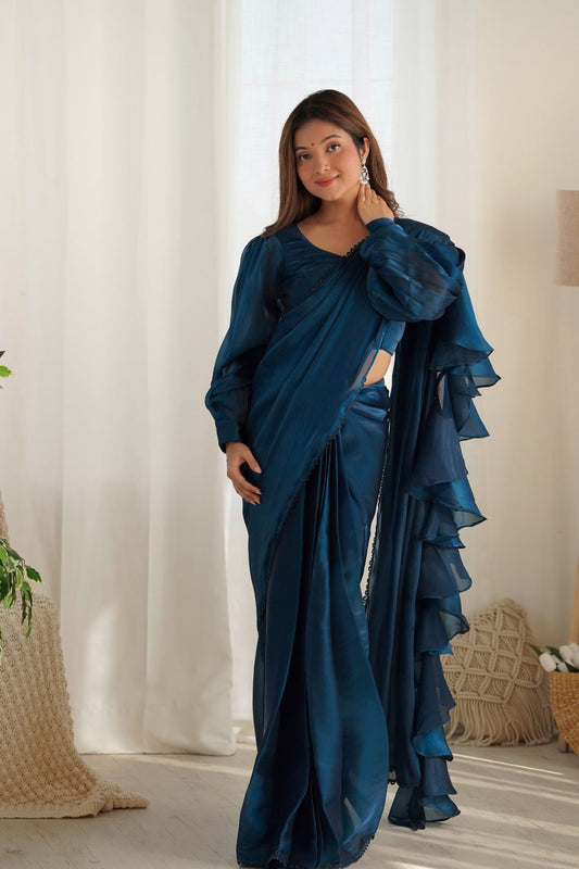 Navy Blue Organza Ruffle Readymade Plain Saree - Mangaldeep NX