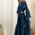 Navy Blue Organza Ruffle Readymade Plain Saree - Mangaldeep NX