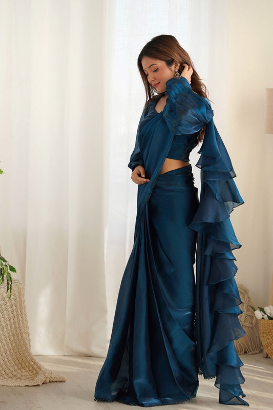 Navy Blue Organza Ruffle Readymade Plain Saree - Mangaldeep NX