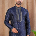 Navy Blue Polka Dot Art Silk Kurta for Men with Beige Pyjama - Mangaldeep NX