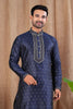 Navy Blue Polka Dot Art Silk Kurta for Men with Beige Pyjama - Mangaldeep NX