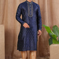 Navy Blue Polka Dot Art Silk Kurta for Men with Beige Pyjama - Mangaldeep NX