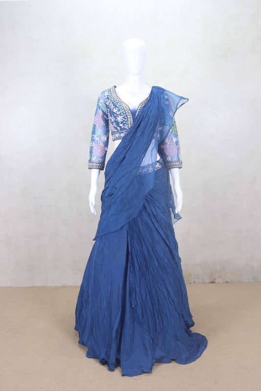 Navy Blue Pre - Draped Designer Lehenga with Embroidered Floral Net Blouse - Mangaldeep NX