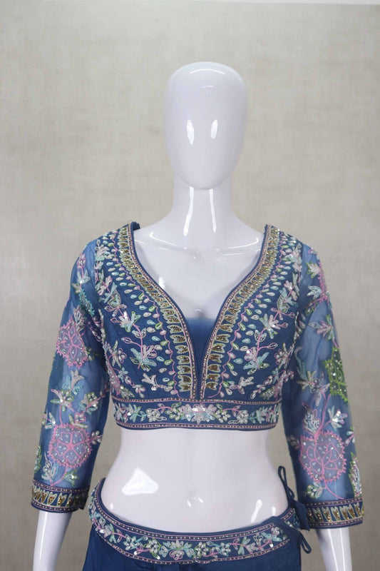 Navy Blue Pre - Draped Designer Lehenga with Embroidered Floral Net Blouse - Mangaldeep NX