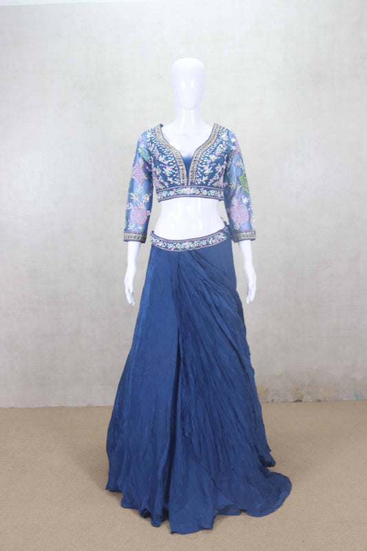 Navy Blue Pre - Draped Designer Lehenga with Embroidered Floral Net Blouse - Mangaldeep NX