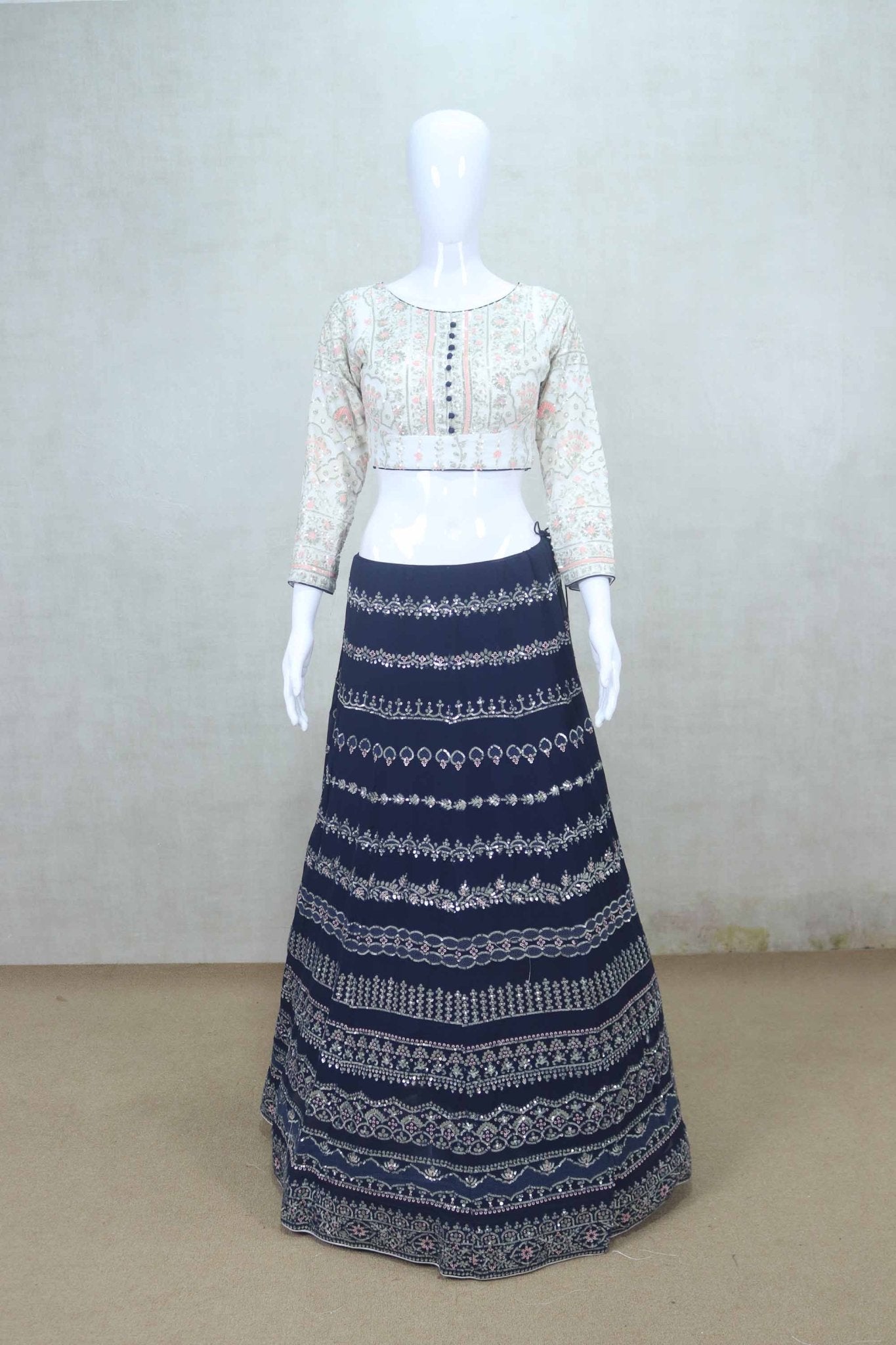 Navy Blue Printed Lehenga Choli with Orange Dupatta - Mangaldeep NX