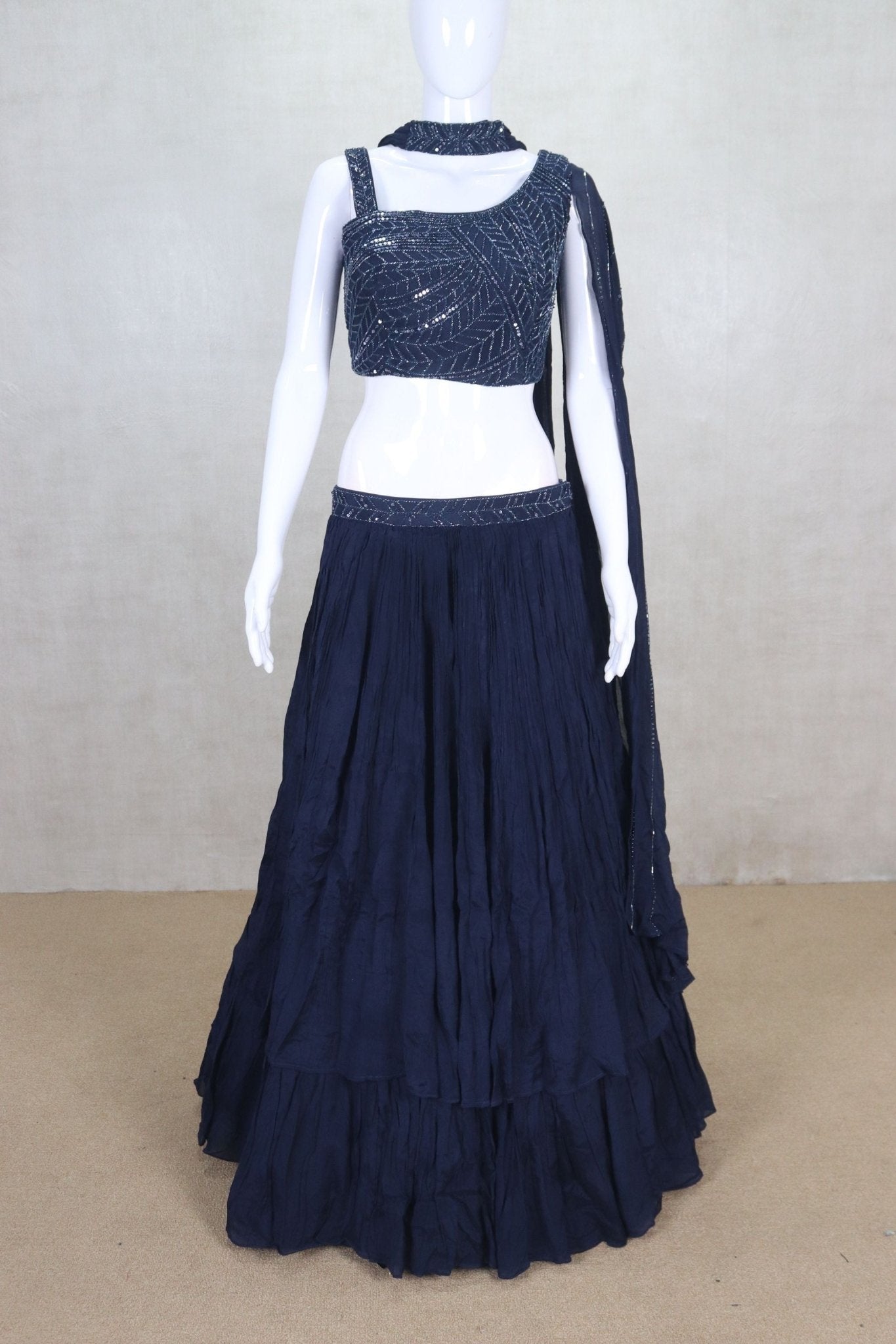 Navy Blue Sequin Embellished Crop Top Lehenga Choli with Dupatta - Mangaldeep NX