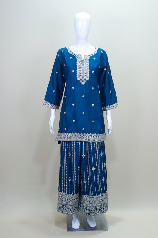 Navy Blue Sharara Suit Set with Heavy Silver Embroidery Dupatta - Mangaldeep NX