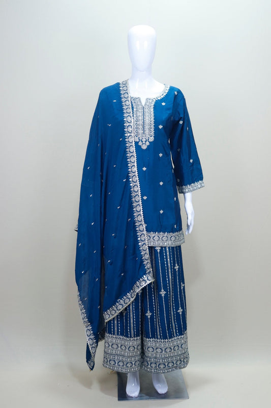 Navy Blue Sharara Suit Set with Heavy Silver Embroidery Dupatta - Mangaldeep NX