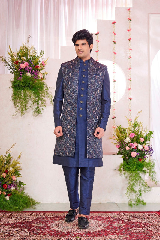 Navy Blue Silk Kurta Set with Geometric Embroidered Indo - Western Jacket for Men - Mangaldeep NX