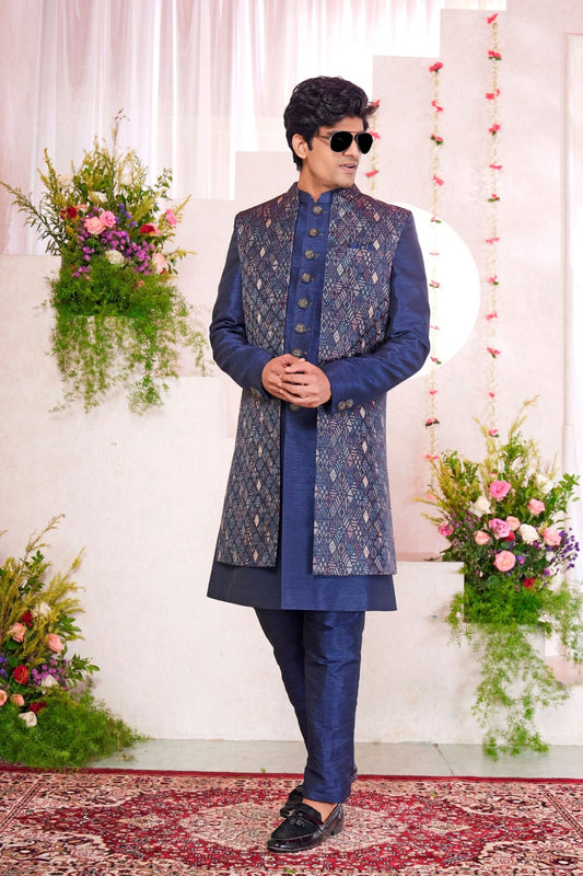 Navy Blue Silk Kurta Set with Geometric Embroidered Indo - Western Jacket for Men - Mangaldeep NX