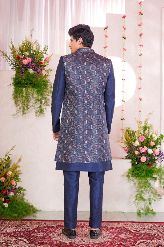 Navy Blue Silk Kurta Set with Geometric Embroidered Indo - Western Jacket for Men - Mangaldeep NX