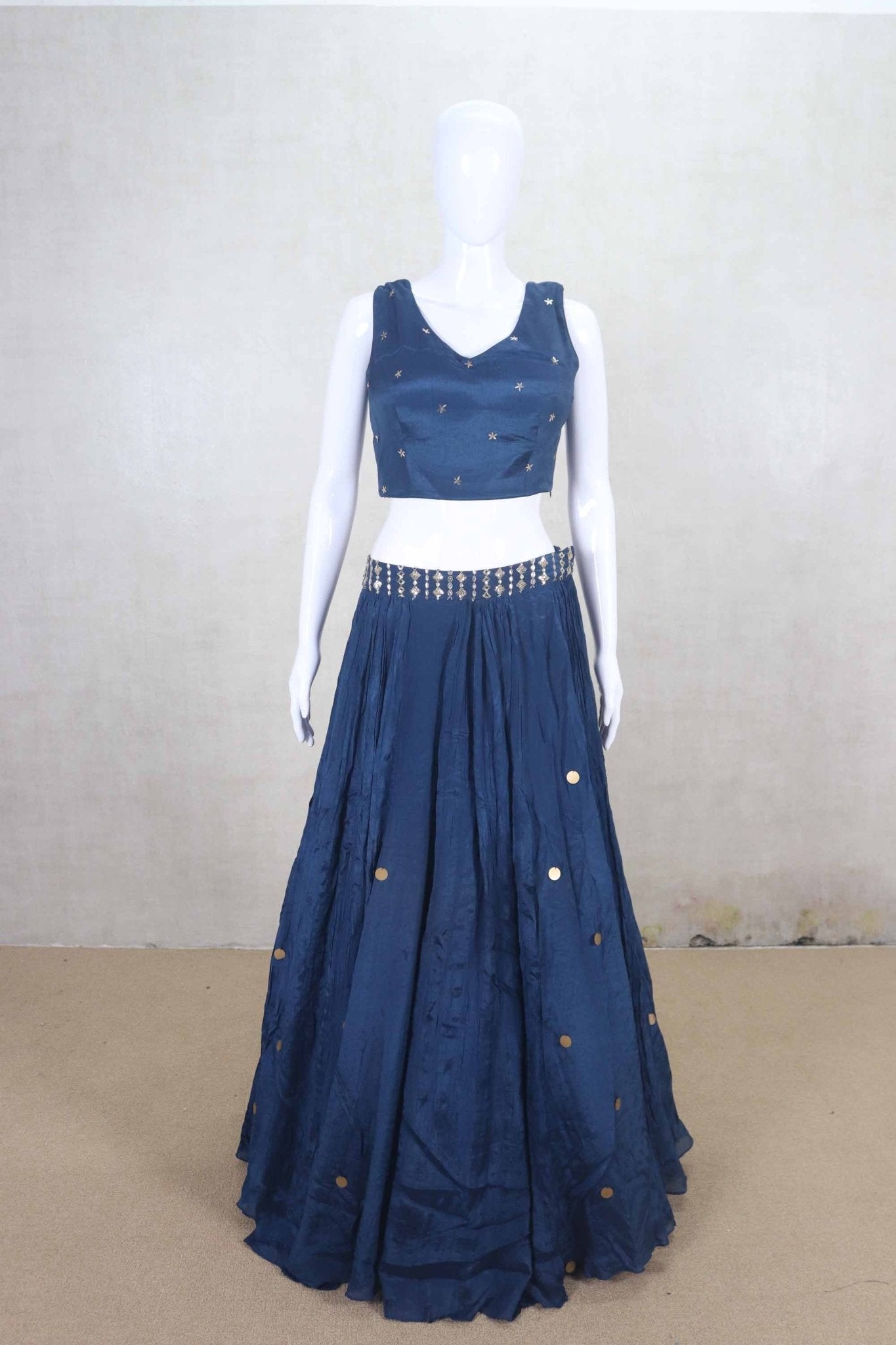 Navy Blue Silk Lehenga Choli with Embellished Jacket and Mirror Work - Mangaldeep NX
