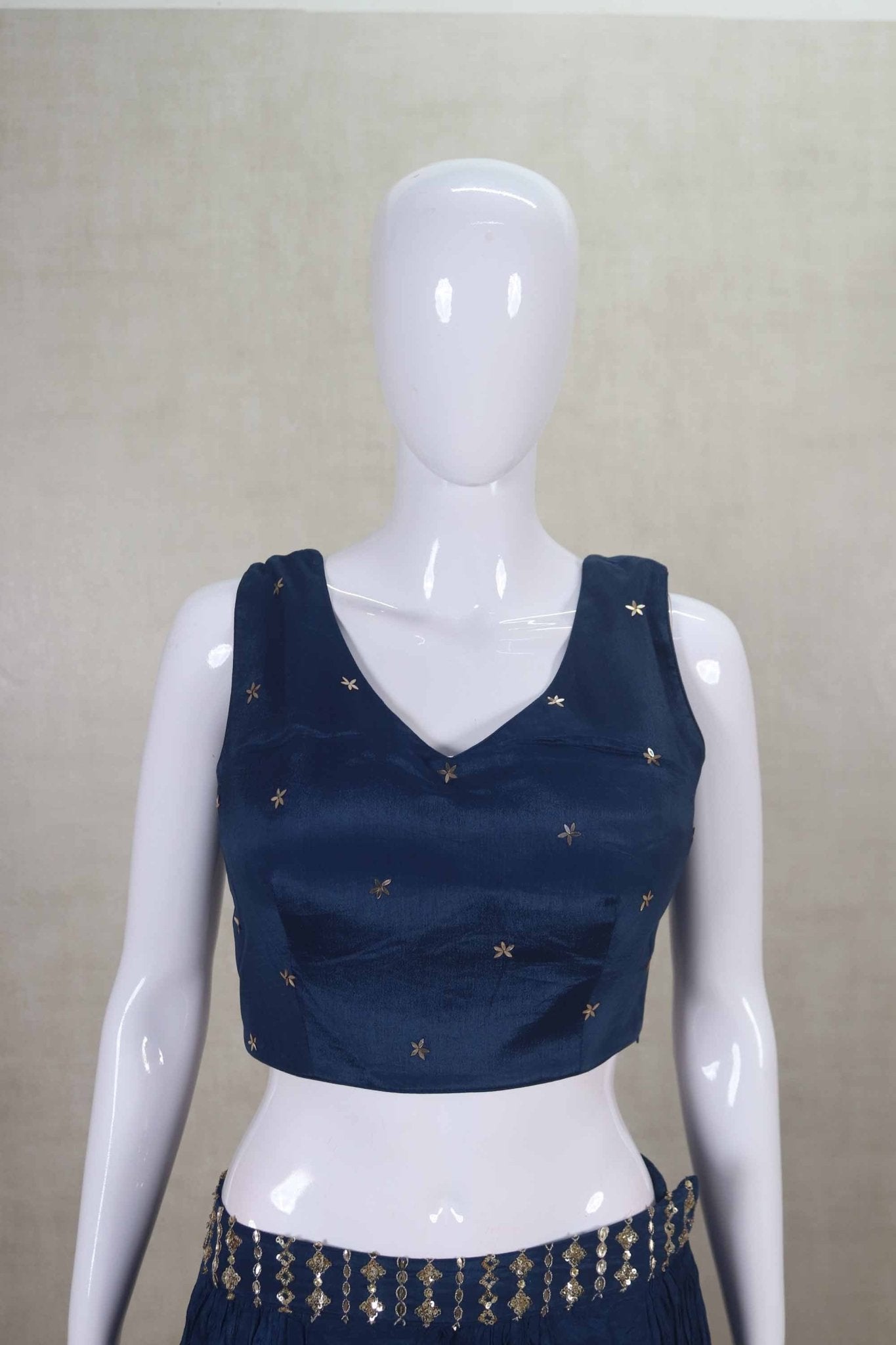 Navy Blue Silk Lehenga Choli with Embellished Jacket and Mirror Work - Mangaldeep NX