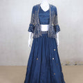 Navy Blue Silk Lehenga Choli with Embellished Jacket and Mirror Work - Mangaldeep NX