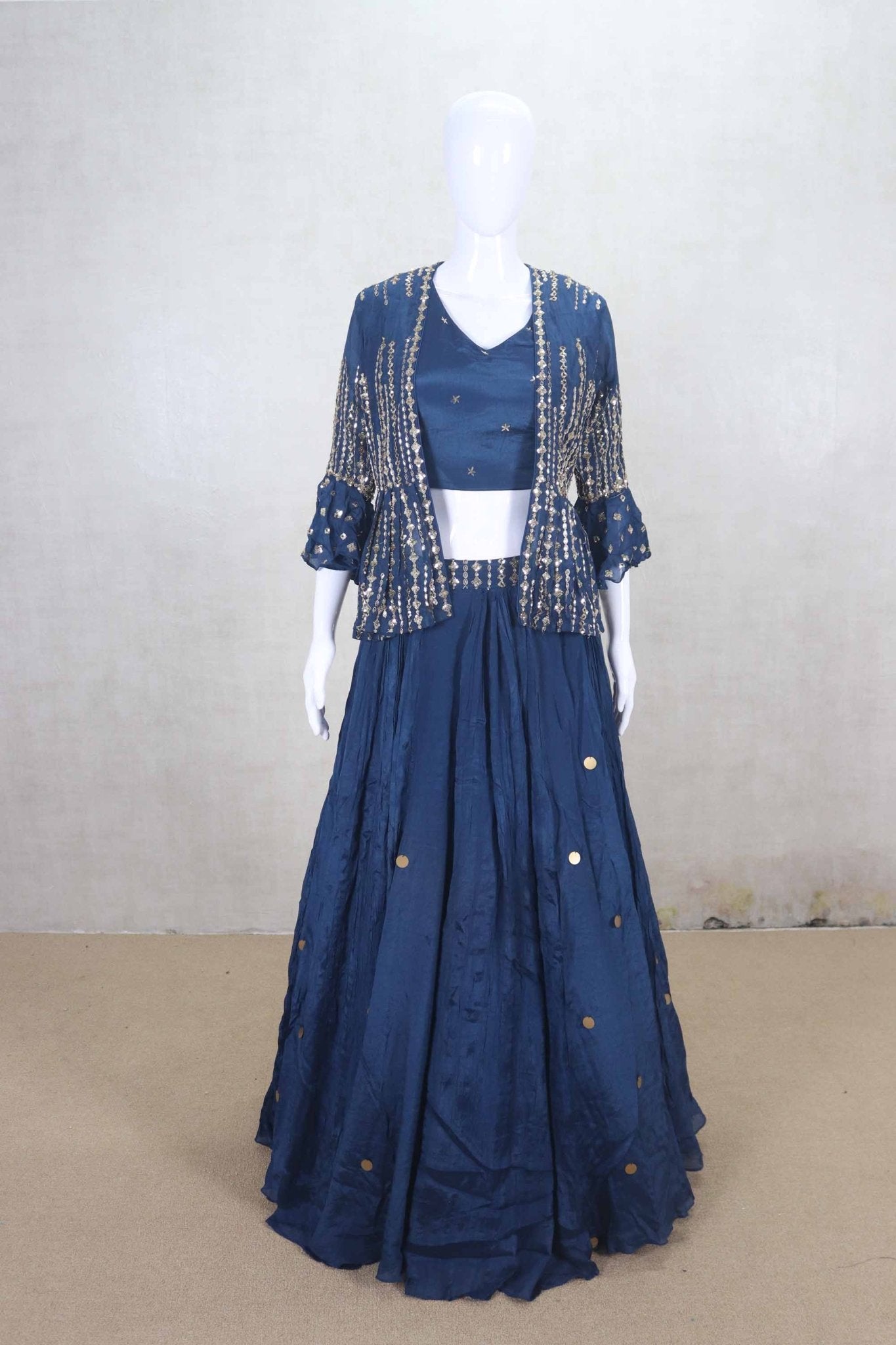 Navy Blue Silk Lehenga Choli with Embellished Jacket and Mirror Work - Mangaldeep NX