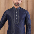 Navy Blue Textured Art Silk Kurta for Men with Beige Pyjama - Mangaldeep NX