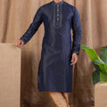 Navy Blue Textured Art Silk Kurta for Men with Beige Pyjama - Mangaldeep NX