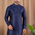Navy Blue Textured Art Silk Kurta for Men with Off - White Pyjama - Mangaldeep NX
