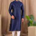 Navy Blue Textured Art Silk Kurta for Men with Off - White Pyjama - Mangaldeep NX