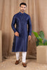 Navy Blue Textured Art Silk Kurta for Men with Off - White Pyjama - Mangaldeep NX
