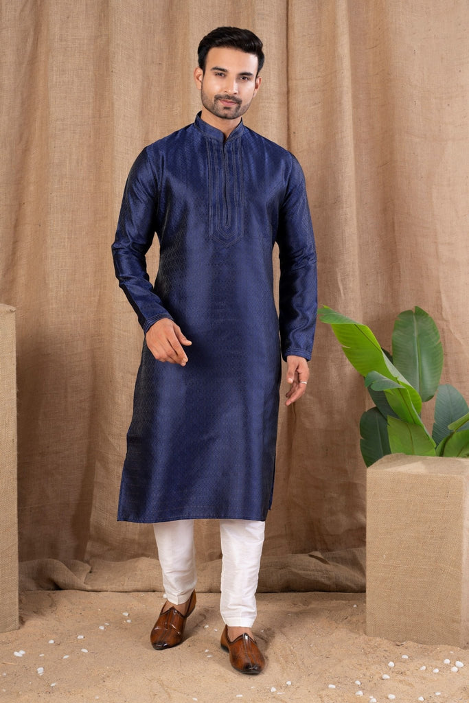 Navy Blue Textured Art Silk Kurta for Men with Off - White Pyjama - Mangaldeep NX