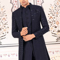 Navy Blue Textured Indo Western Suit for Men with Mandarin Collar - Mangaldeep NX