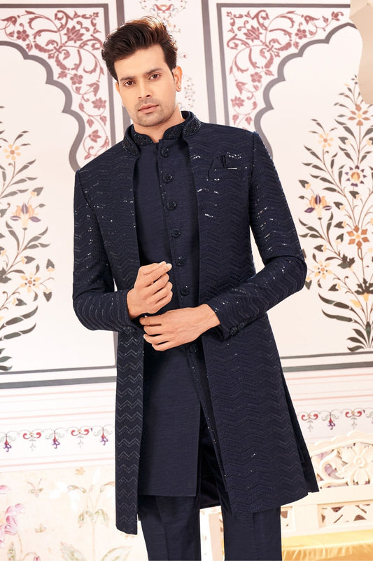 Navy Blue Textured Indo Western Suit for Men with Mandarin Collar - Mangaldeep NX