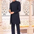 Navy Blue Textured Indo Western Suit for Men with Mandarin Collar - Mangaldeep NX